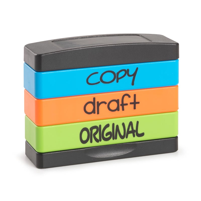 Stamp-Ever Stakz Pre-Inked Message Stamp - Copy, Draft, Original - Blue, Orange, Green Ink - Impression Size: 5/8    x 1-13/16 - Image 1